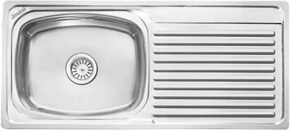 Picture of Jindal Mirror Finish 939.8x457.2x203.2 mm (37"x18"x8") Single Bowl Stainless Steel Kitchen Sink With Drain Board- 1 mm