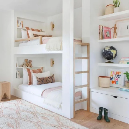 Picture of White minimalist kids bedroom, with a beautiful bunk bed