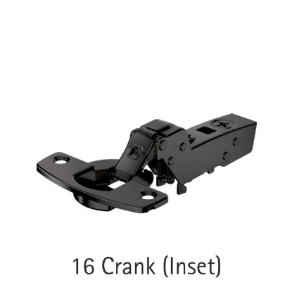 Picture of Obsidian Black Sensys 8645i Hinge - TH52 for 15-24 mm thick doors; Opening angle 110°,  Base -4 (Crank 16°) with Mounting Plate & cover cap