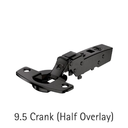 Picture of Obsidian Black Sensys 8631i Hinge - TH52 for 15-32 mm thick doors; Opening angle 95°, Base 3 (Crank 9.5°) with Mounting Plate & cover cap