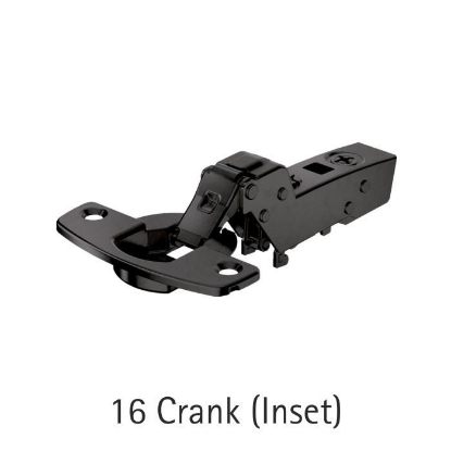 Picture of Obsidian Black Sensys 8631i Hinge - TH52 for 15-32 mm thick doors; Opening angle 95°, Base -4 (Crank 16°) with Mounting Plate & cover cap