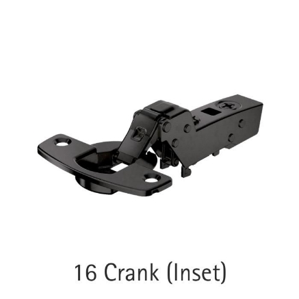 Picture of Obsidian Black Sensys 8631i Hinge - TH52 for 15-32 mm thick doors; Opening angle 95°, Base -4 (Crank 16°) with Mounting Plate & cover cap